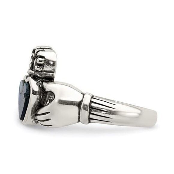 Sterling Silver Antiqued Abalone Inlay and Black Enamel Claddagh Ring - Picture 4 of 7